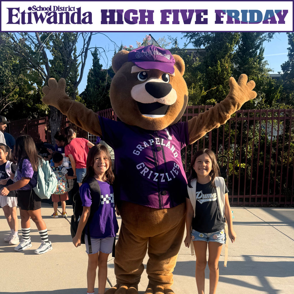 Text: Etiwanda School District, High Five Friday Image: two girls with a bear