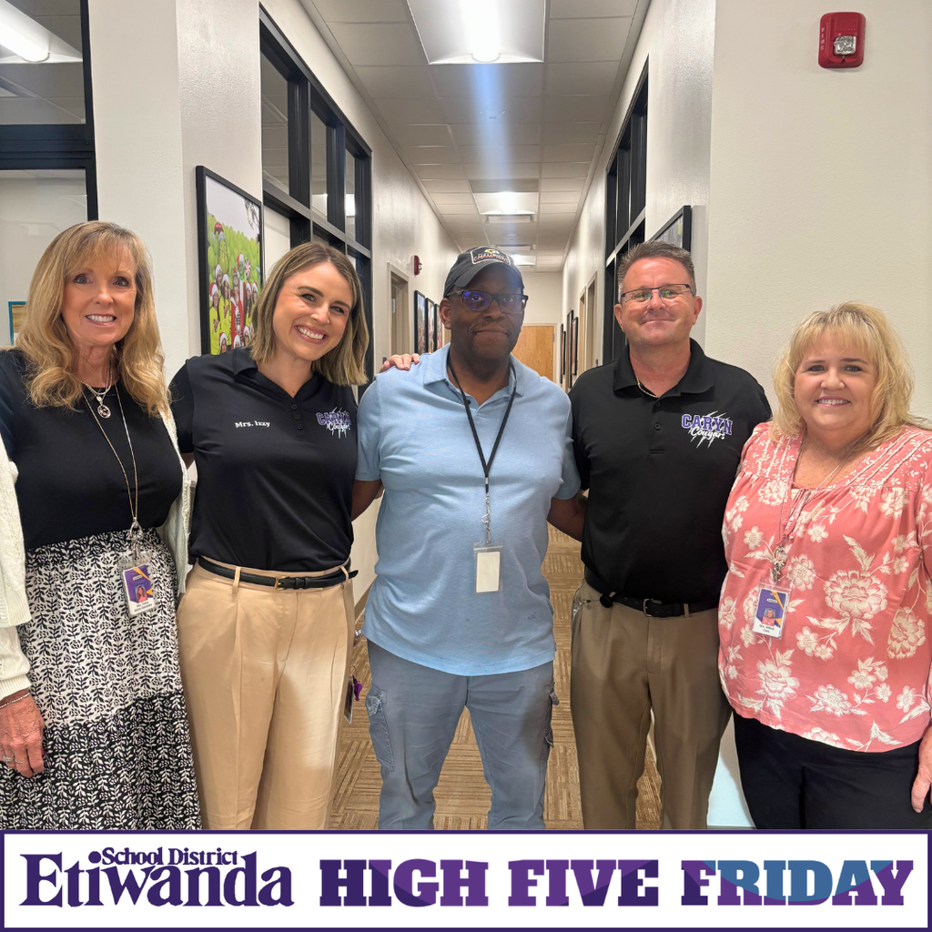 Text: High Five Friday, Etiwanda School district. Five employees smiling n the hallway