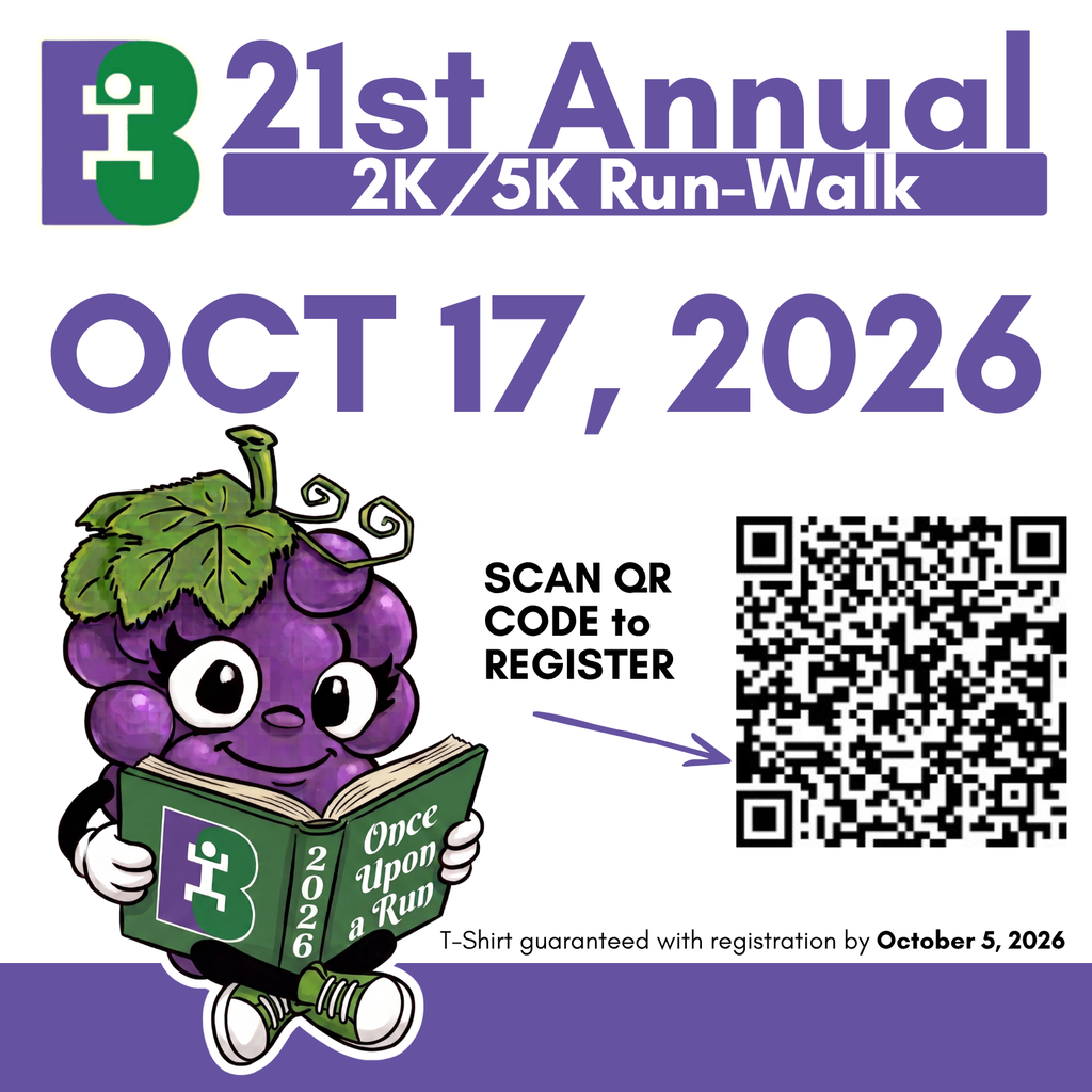 Text: 21st Annual 2k-5k Register Now Image of a grape reading a book