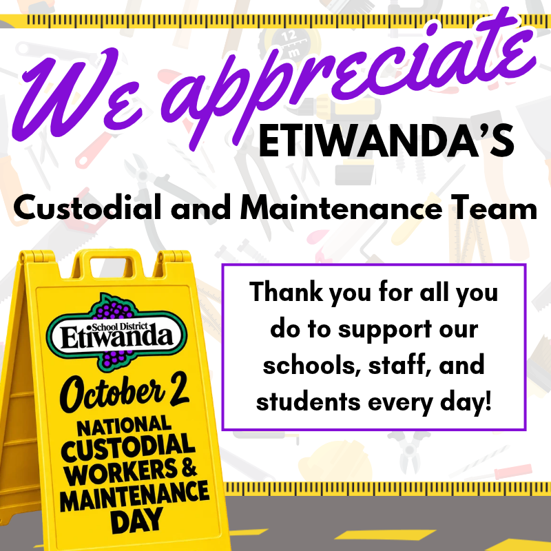October 2 is National Custodial Workers & Maintenance Day! Every day, our custodial and maintenance teams help create clean, safe, and welcoming schools where students can learn, grow, and thrive. From well-maintained classrooms and playgrounds to the many details that keep our campuses running smoothly, their work makes a difference for our students and staff. Thank you for all you do to make learning possible across Etiwanda School District!