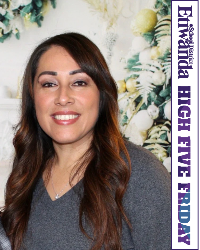 Text: Etiwanda School District High Five Friday Image: Smiling female with long brown hair