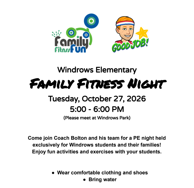 Windrows Elementary Family Fitness Night on 10/27 from 5-6 pm at Windrows Park