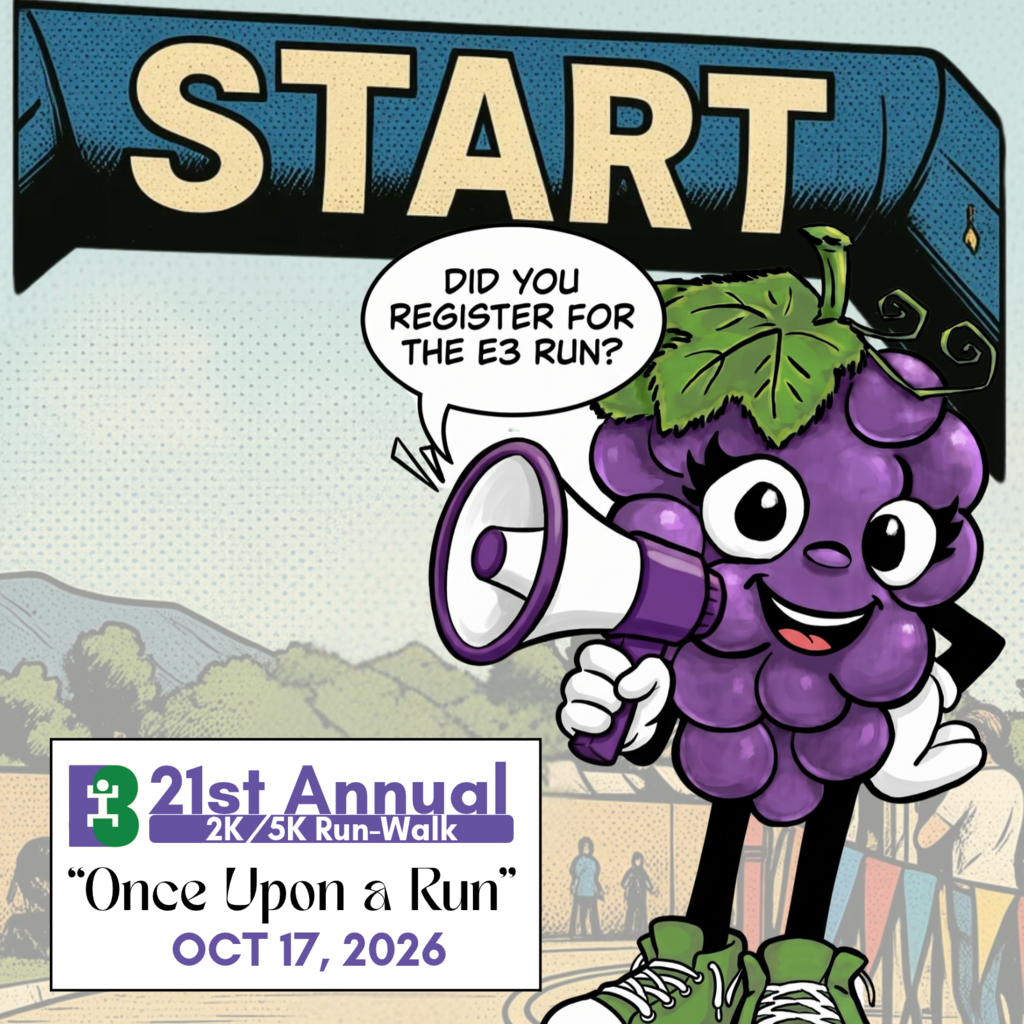 Text: Did you register for the E3 Run? Image of a grape holding a microphone