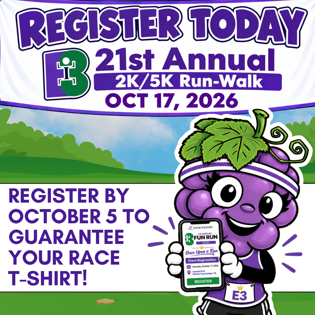 Join us for a storybook adventure at the 21st Annual E3 2K/5K Run-Walk on Saturday, October 17, 2026, at Central Park in Rancho Cucamonga! Register by October 5 to guarantee your race T-shirt! Register on the Etiwanda School District website for event and registration information. We hope to see you at the starting line!