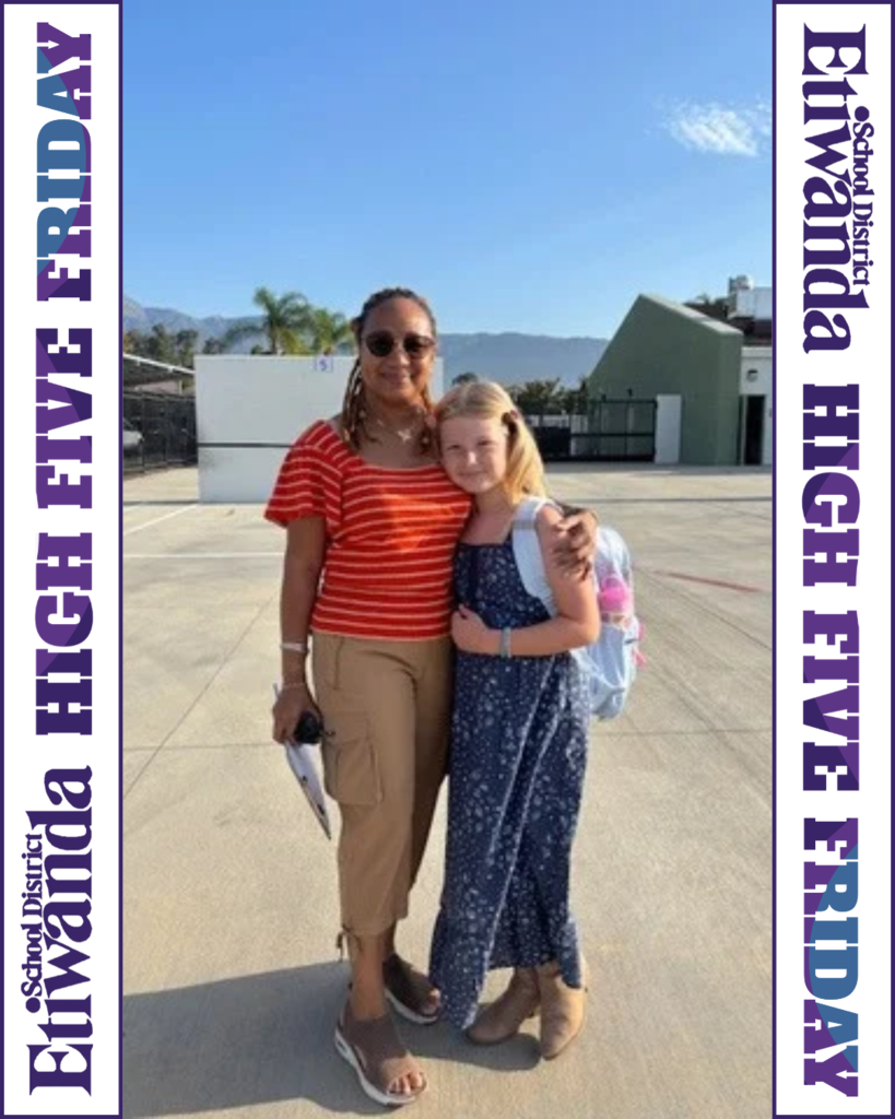 Text: High Five Friday, Image: smiling adult in red and blonde girl in blue