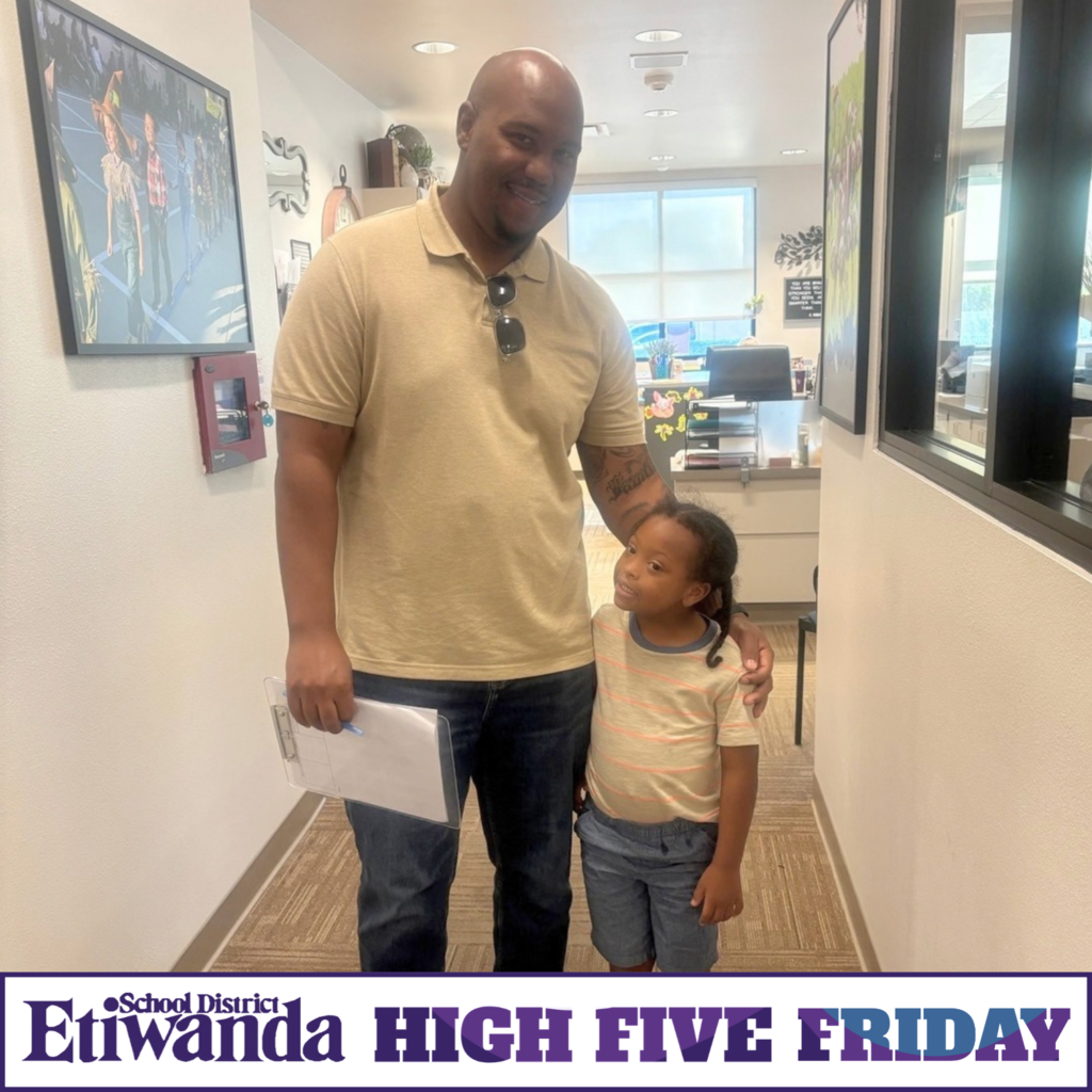 Text: high five friday Image: adult male and student smiling in a school office