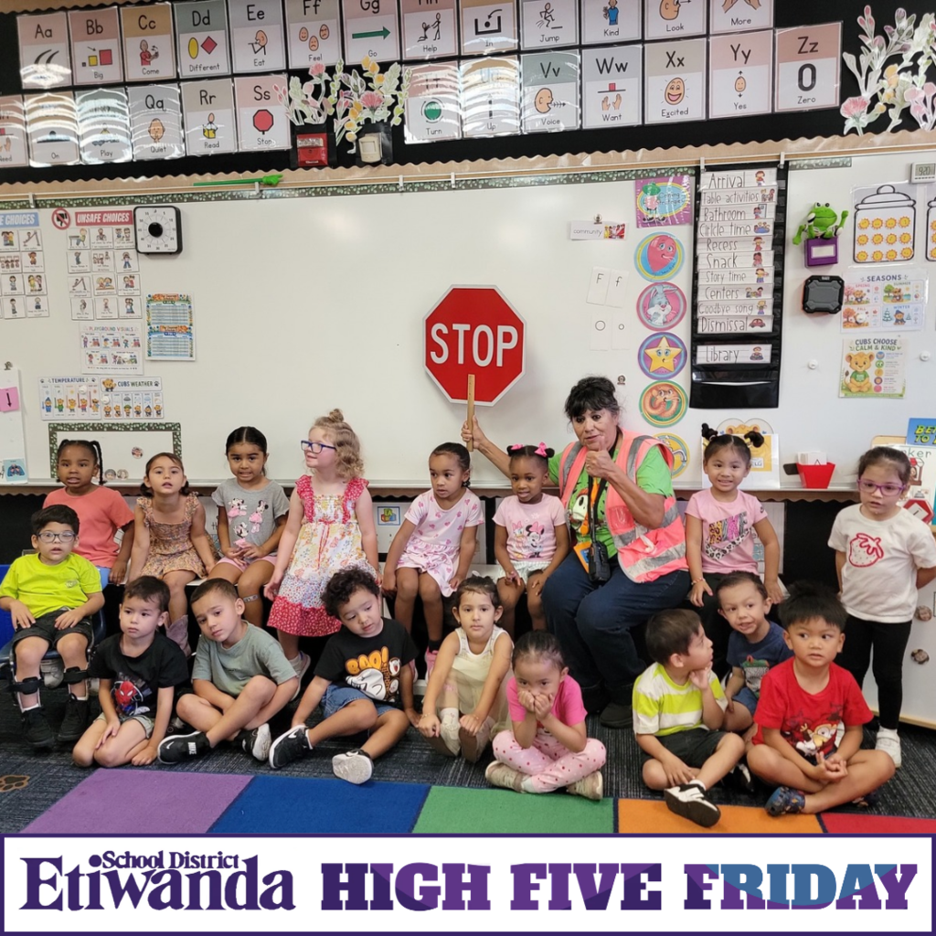 Text: Etiwanda School District, High Five Friday Image smiling students with a teacher