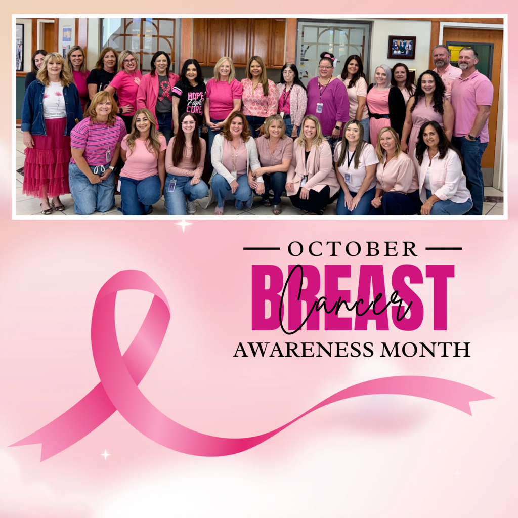 Text: October is Breast Cancer awareness month Images: pink ribbon and a large group of people smiling while wearing pink