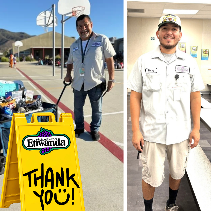 Text: Thank you Images of smiling students with a custodian male