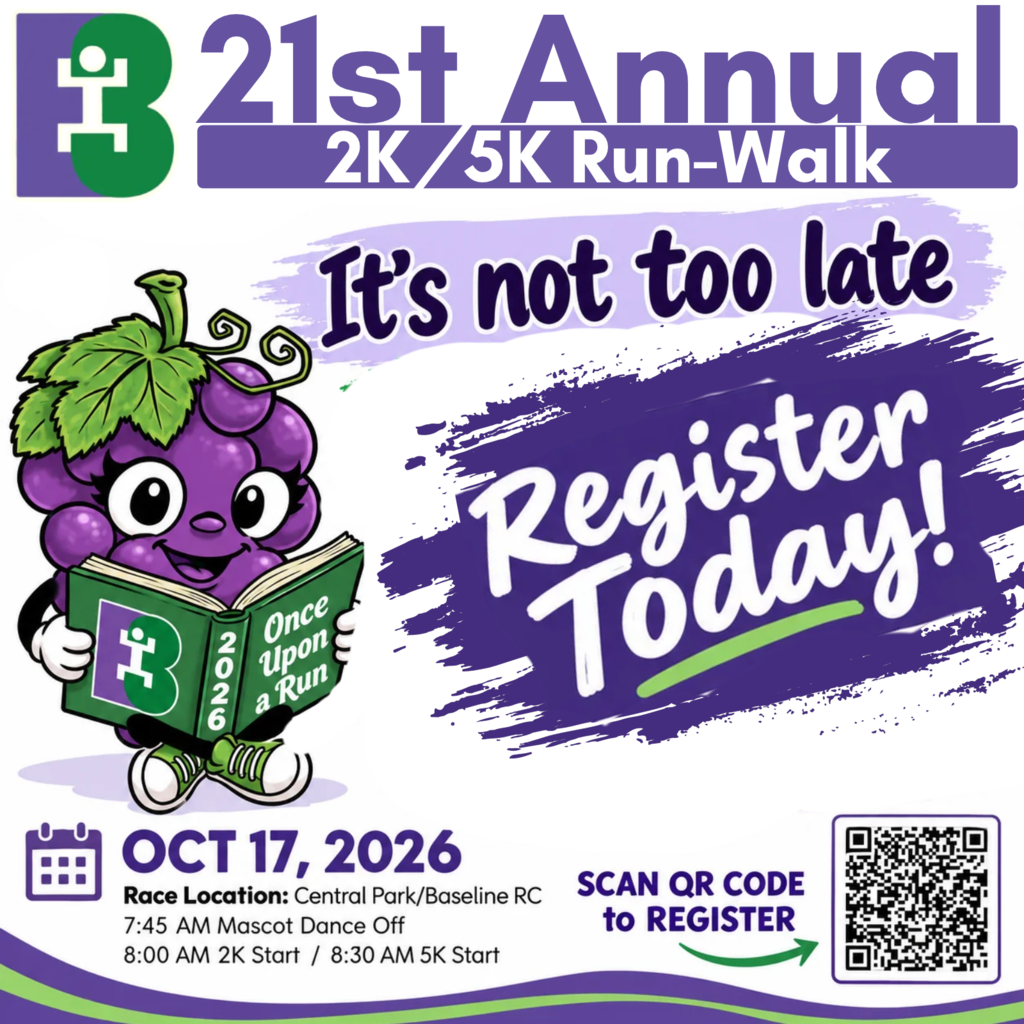 Text: It's not too late to register.  Register today. Image: a grape reading a book.