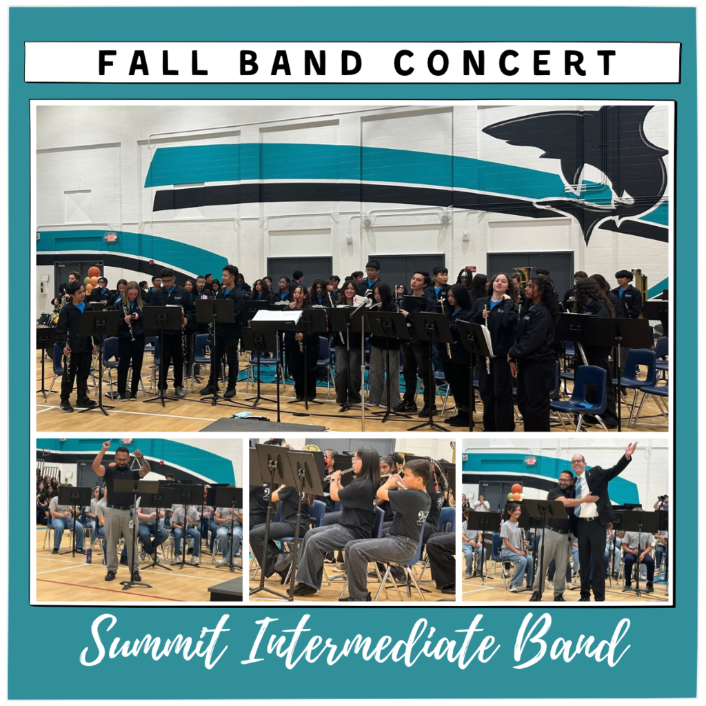 Text: Fall Band Concert, Summit Intermediate Band Images: Students in a band
