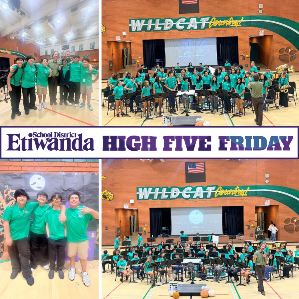text: High Five Friday Images: 4 images of students wearing green shirts in a band