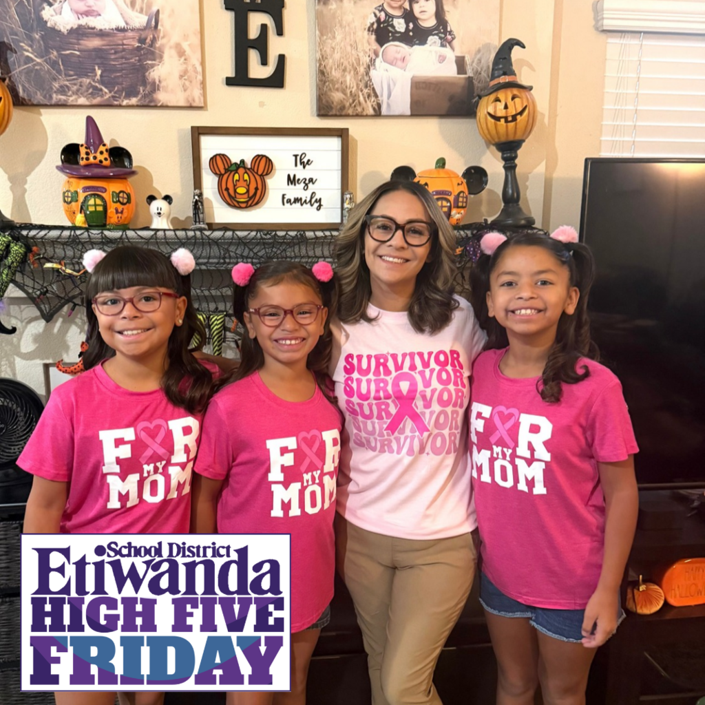 Text: High Five Friday Image: four females wearing pink shirts