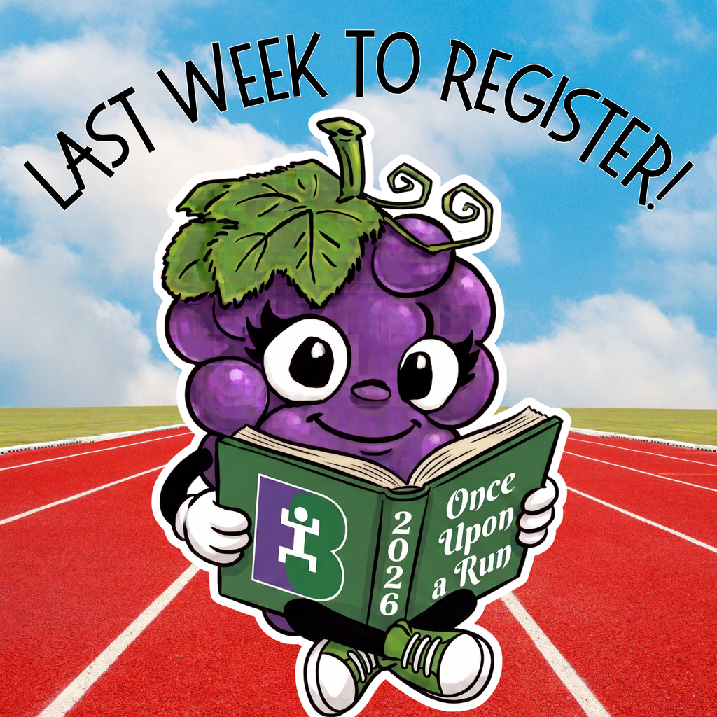 Text: Last Week to Register Image: grape reading a book