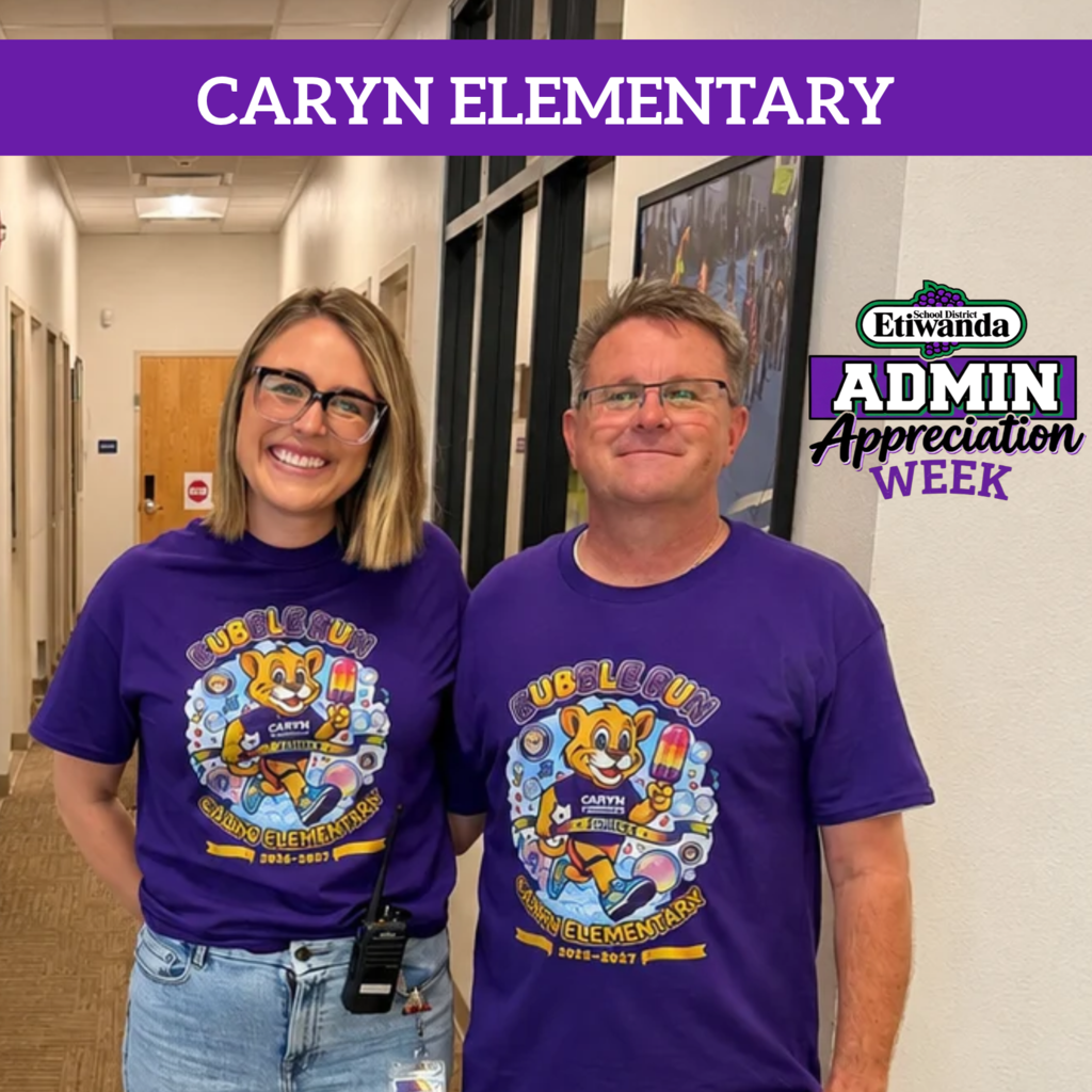 Text: Caryn Elementary, Etiwanda Admin Image: two smiling adults wearing purple