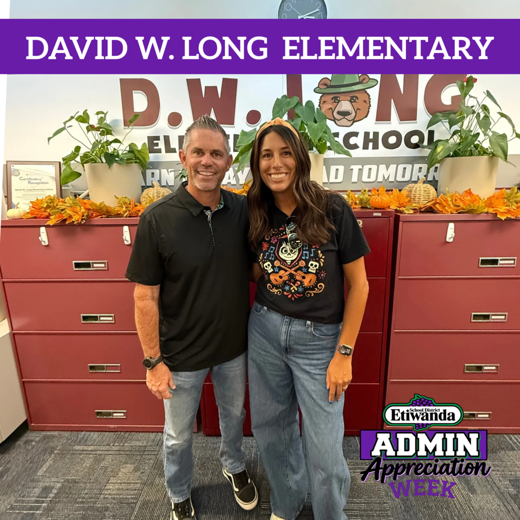 Text: DWL Elementary Image: two smiling adults in black shirt