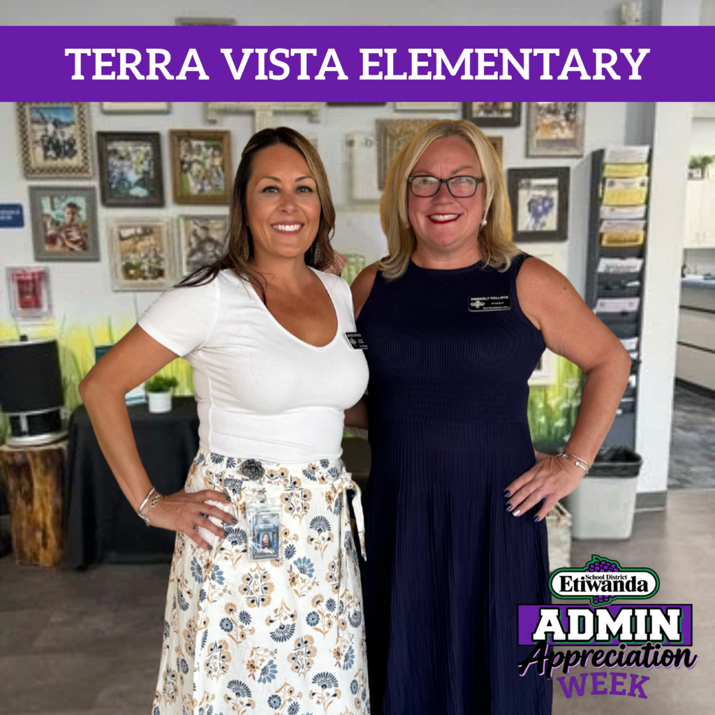 Text: Terra Vista Elementary, Etiwanda Admin Image: Two smiling adults
