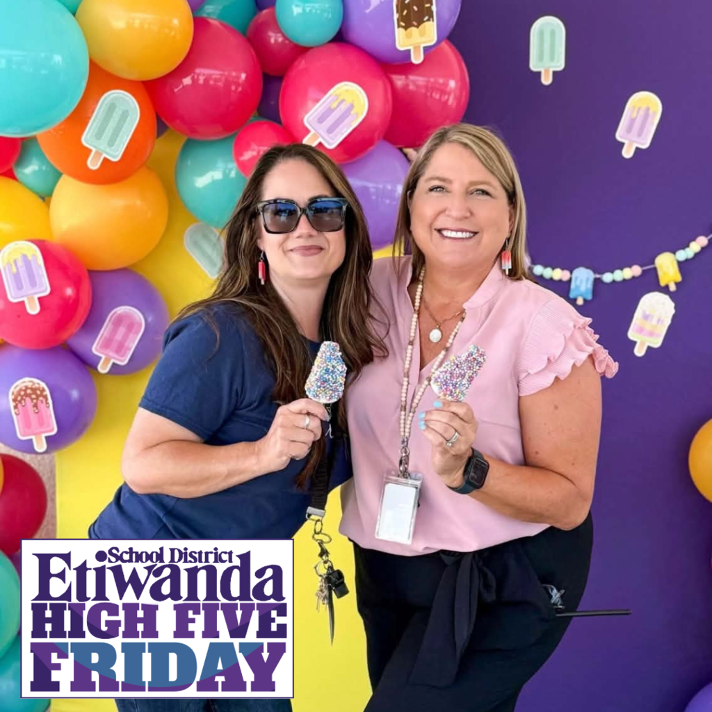 Text: Etiwanda High Five Image: Two smiling female adults.
