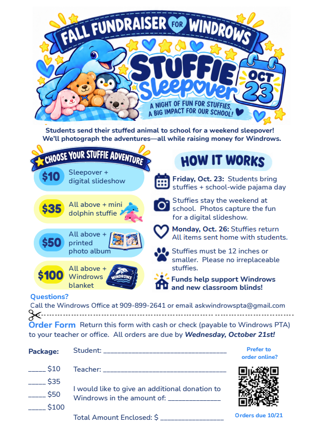 r Stuffie Sleepover Fundraiser flyer detailing how it works. choose from different stuffie adventure packages and place your orders by Oct. 21st If you have questions contact the Windrows School Office