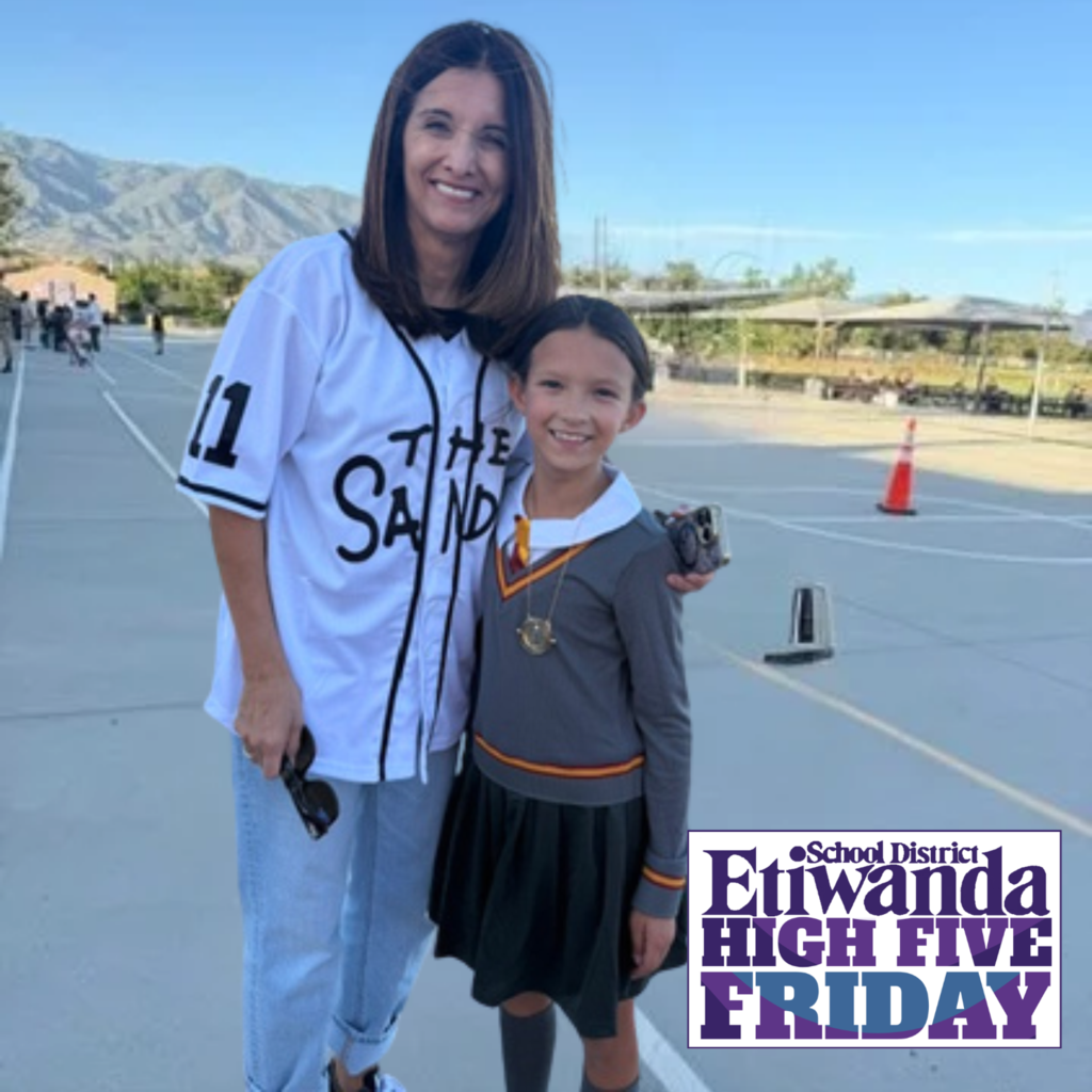 Text: High Five Friday, Etiwanda School District Image: smiling female adult and a smiling young girl dressed as harry potter