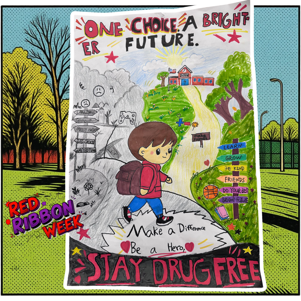 Text: One choice, a brighter future Image: poster of drug free