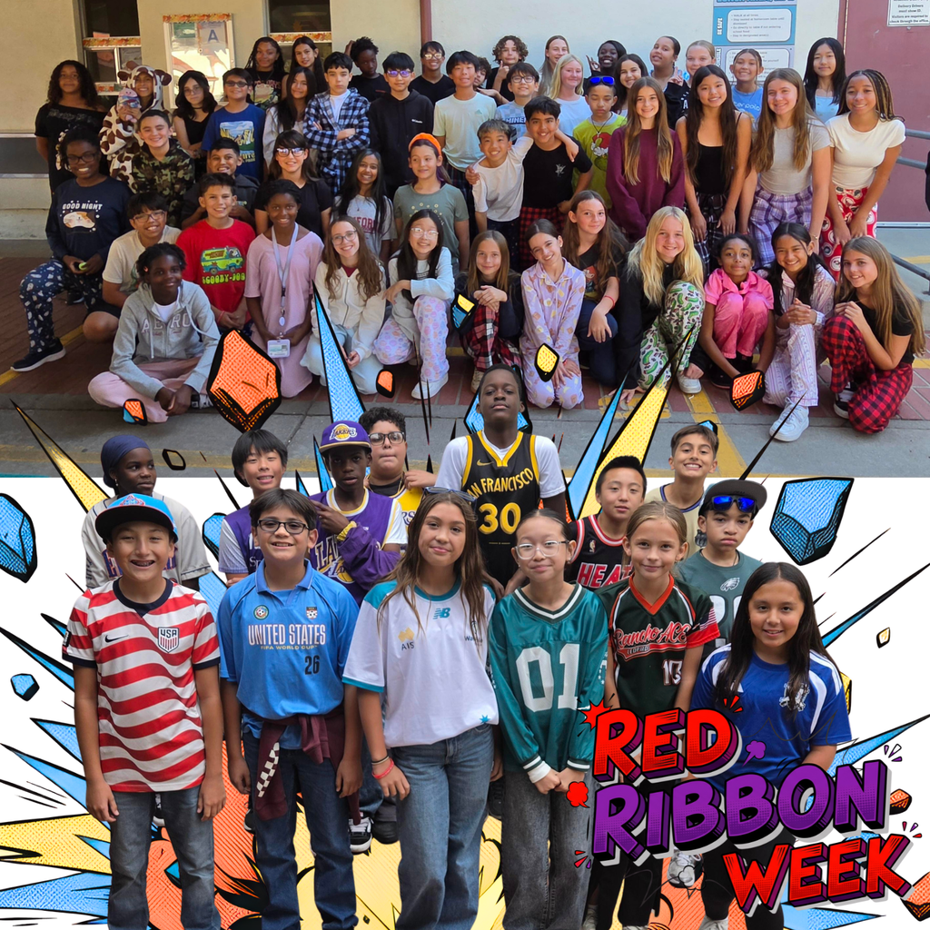Text: Red Ribbon Week Images: students dressed in jerseys and PJs