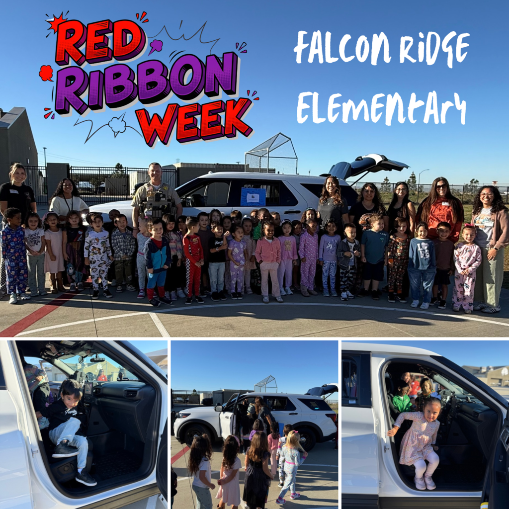 Text: Red Ribbon Wee, Falcon Ridge Elementary Image: three students around a car and a group photo in front of a car.