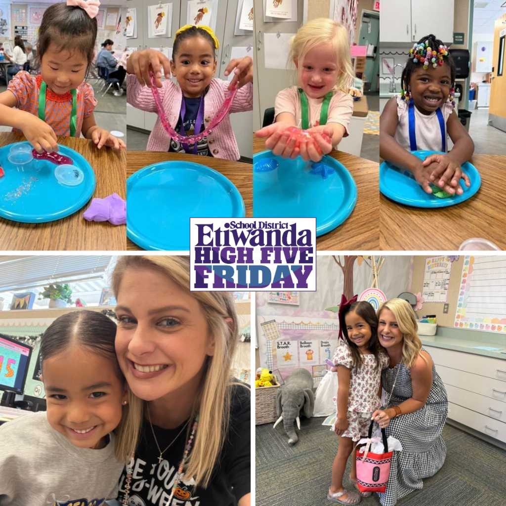 Text: High Five Friday Images: smiling adults and students