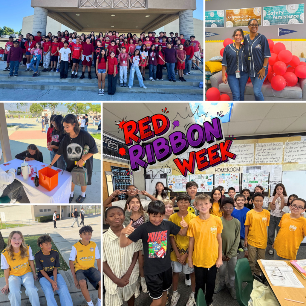 Text: Red Ribbon Week Images: smiling students wearing red, twining and wearing jerseys