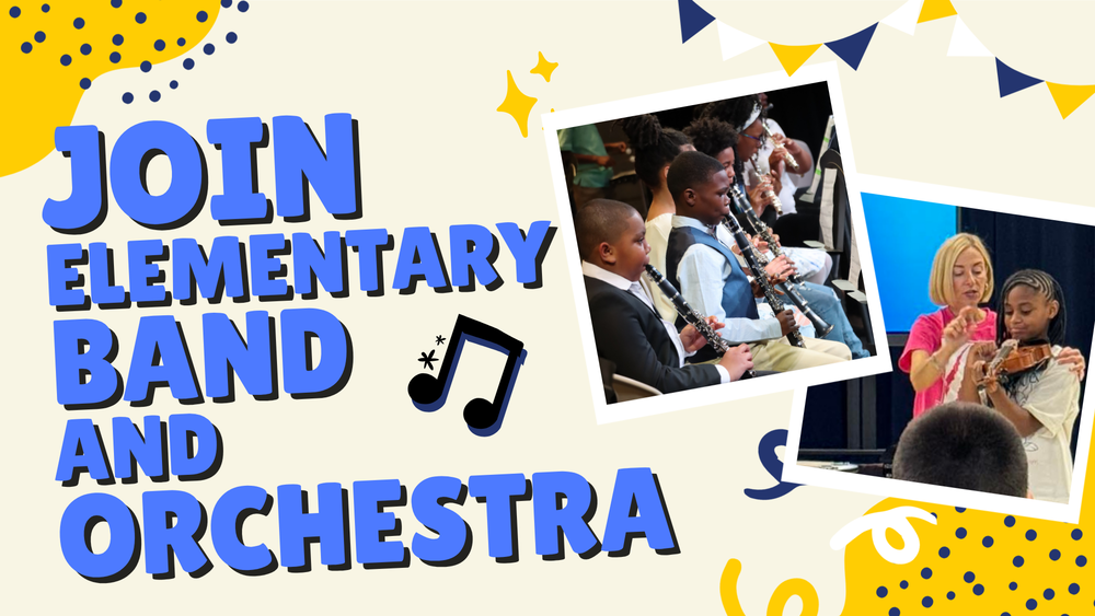 Join Elementary Band and Orchestra Flyer with a Polaroid graphic of children playing clarinet and a teacher helping a student learn violin.