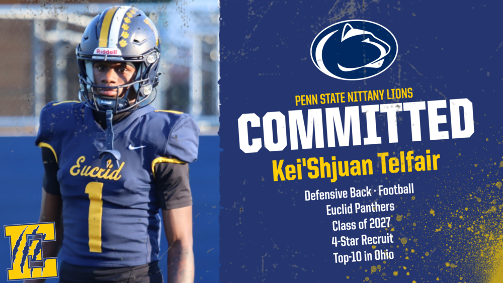 Kei'Shjuan Telfair in uniform stands on the field beside a graphic announcing Kei’Shjuan Telfair’s commitment to Penn State as a defensive back.