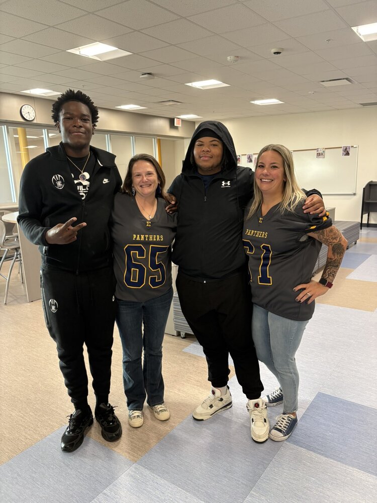 Panther Jersey Exchange Photo collage of students and teachers exchanging grey football jerseys.