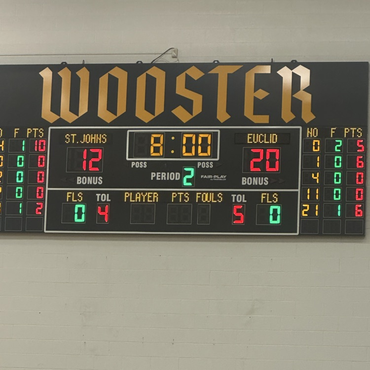 picture of the scoreboard at Wooster College showing Euclid winning against St. John 20-12 at the end of the first quarter