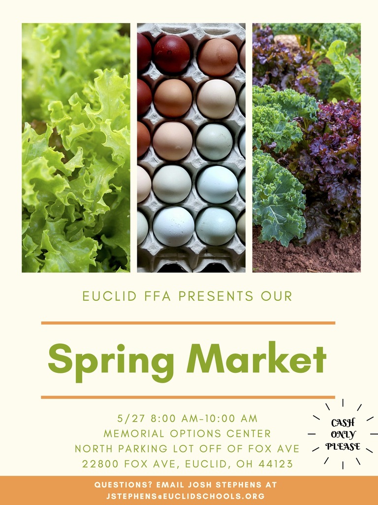 Flyer for the Euclid FFA Spring Market featuring photos of fresh lettuce, colorful eggs and leafy vegetables across the top. Large green text in the center reads “Spring Market.” Event details below state: “May 27, 8:00 AM–10:00 AM, Memorial Options Center, North Parking Lot off of Fox Ave, 22800 Fox Ave., Euclid, OH 44123.” A badge on the right says “Cash Only Please.” 