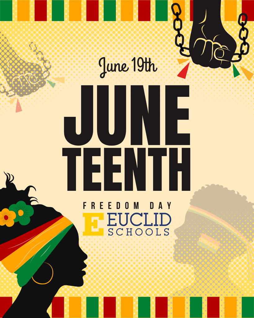 Graphic recognizing Juneteenth with the words “Juneteenth” and “Freedom Day,” using red, green, yellow and black design elements.