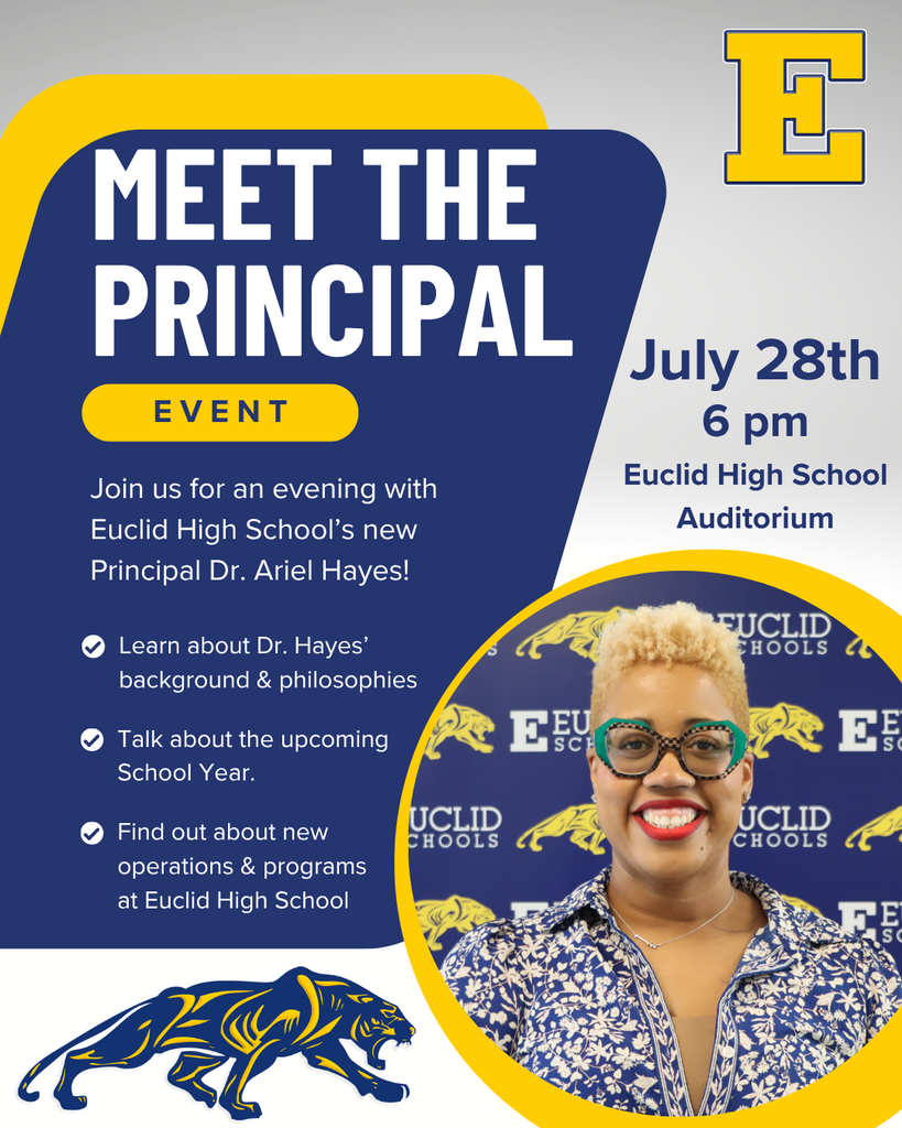 Banner with blue and yellow background. Text reads "Meet the Principal" and "July 28th 6 pm". A smiling woman in glasses, yellow background.