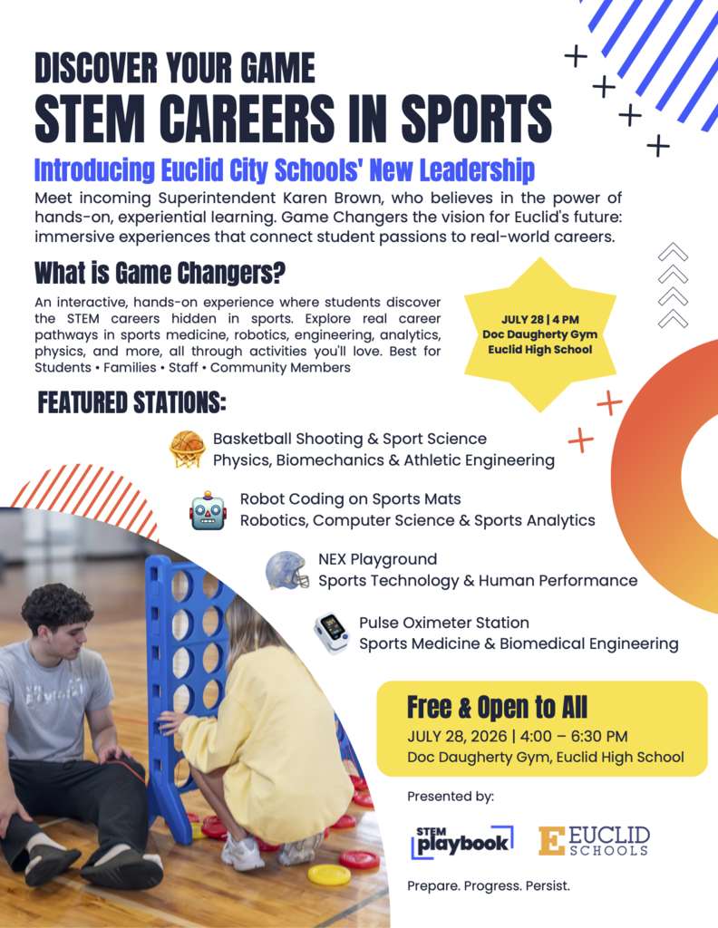 A flyer promoting STEM careers in sports, featuring a man sitting on the floor with a basketball, another man with a yellow shirt, and a woman nearby.