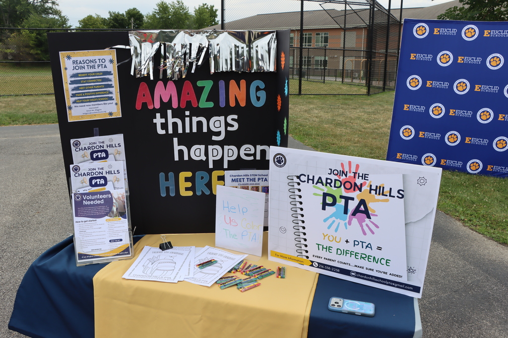 A table with yellow cloth displays brochures, a notebook, and pencils. The backdrop shows a grassy field and a building.