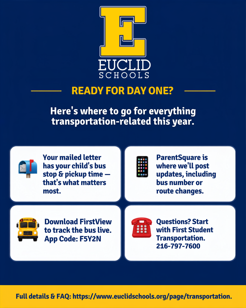 An advertisement for Euclid Schools, featuring blue and yellow colors. It provides information about transportation services, including contact details and app code.