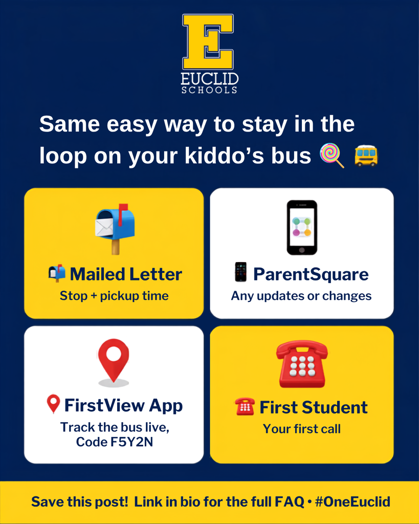 Four icons with text on a blue background: mailbox for mailed letter, cell phone for ParentSquare, map for FirstView App, phone for First Student.
