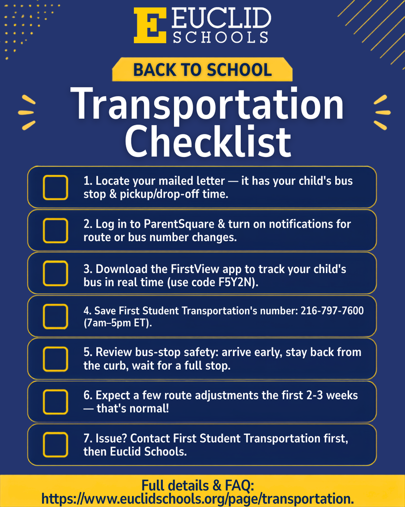 A blue and yellow back-to-school transportation checklist from Euclid Schools includes 7 steps.