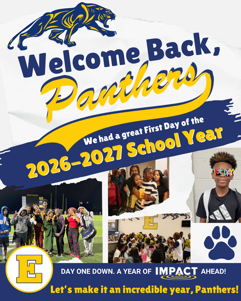 Welcome Back, Panthers. We had a great first day. Collage of students on field, in classroom, and in cafeteria.