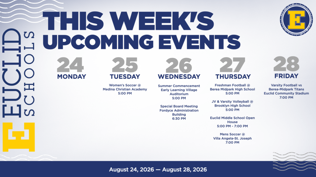 Schedule of upcoming events from August 24 to August 28, 2026. Event details listed for each day.