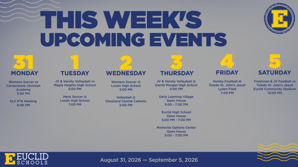 A week's events schedule shows dates from August 31 to September 5, with events listed for each day.