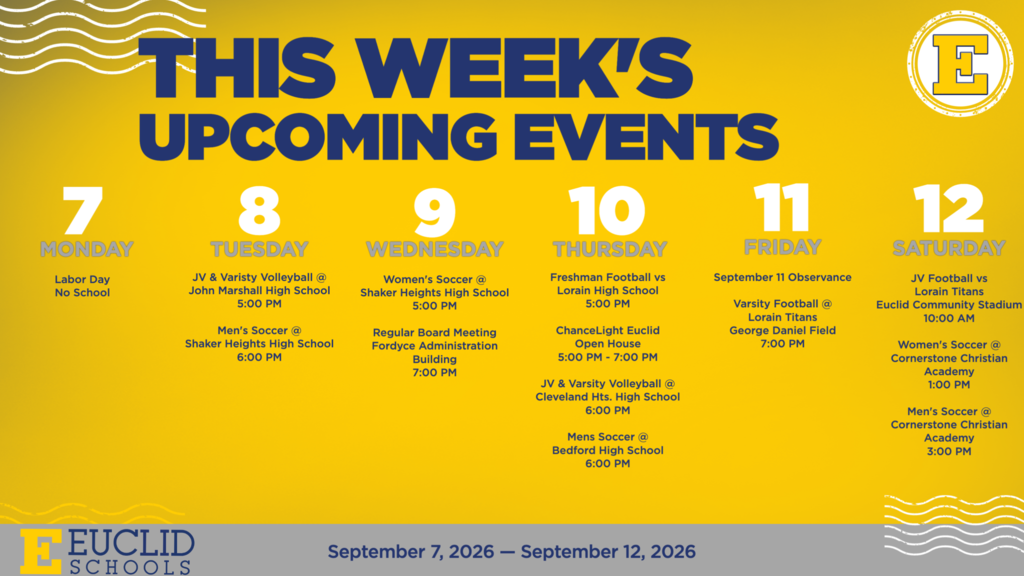 A yellow poster lists events for the week from September 7 to September 12, 2026. Each day has event names and times.