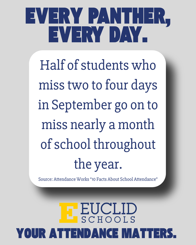 Advertisement from Euclid Schools emphasizes student attendance, stating, "Every Panther, Every Day." It highlights a statistic about students who miss September days and cites "Attendance Works."