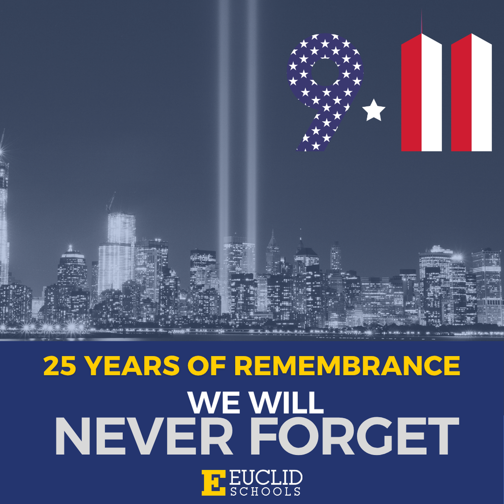 A memorial graphic shows a cityscape at dusk with two light beams. Logos and text state "25 Years of Remembrance. We Will Never Forget."