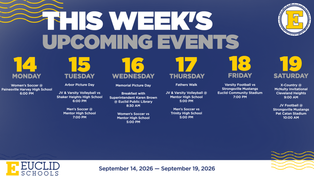 A blue background displays upcoming events from September 14 to 19. Each day has a highlighted number and date.