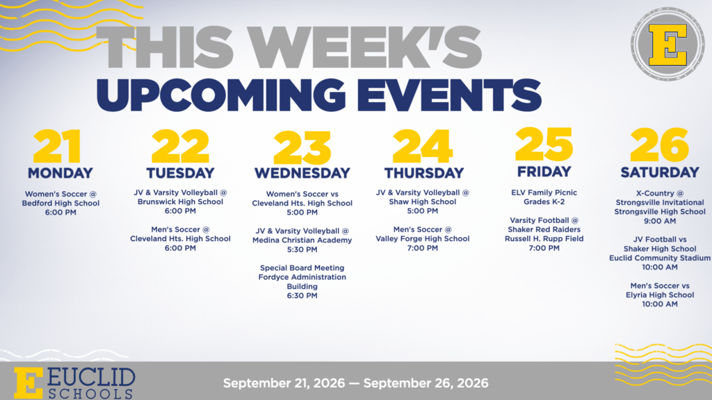 An event schedule for September 21-26, 2026. Each day lists the event name, time, and school.