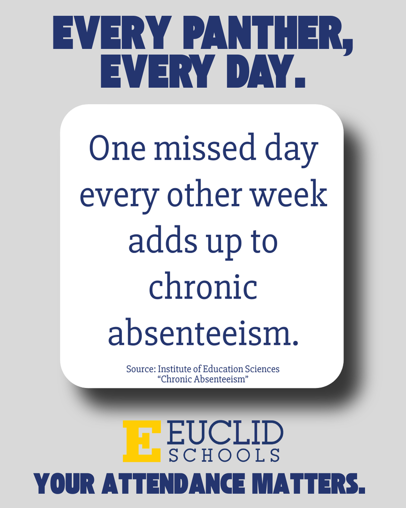 An advertisement from Euclid Schools highlights the importance of daily attendance. It features a white square with blue text and a gray background.
